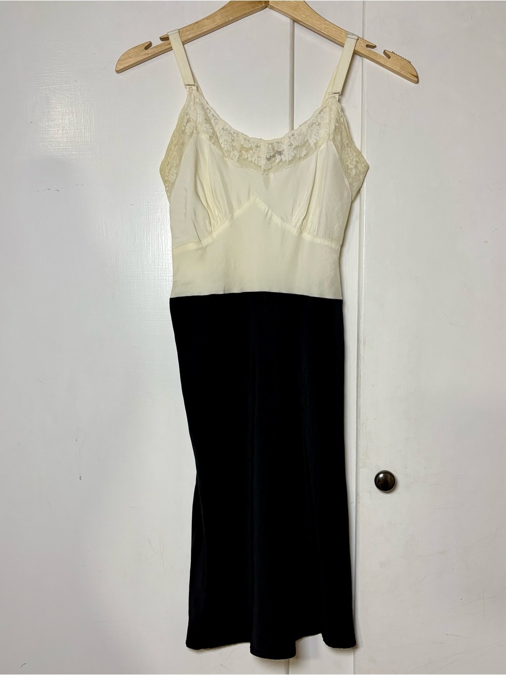 Vintage 40s Colony Club Black White Rayon Lace Trim Evening Wear Short Slip Dres